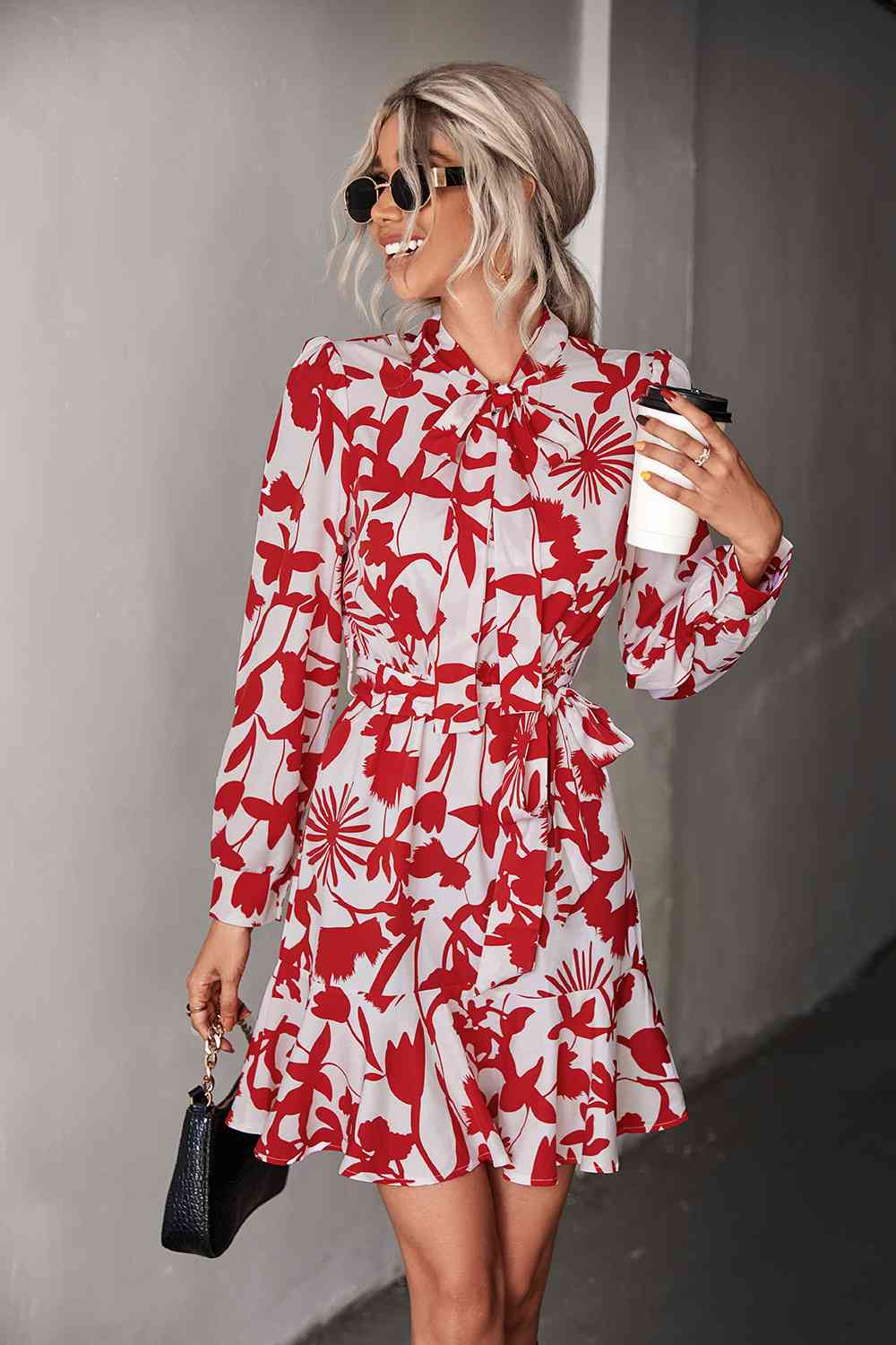 Floral Tie Neck Belted Puff Sleeve Dress (2 Colors)  Krazy Heart Designs Boutique   