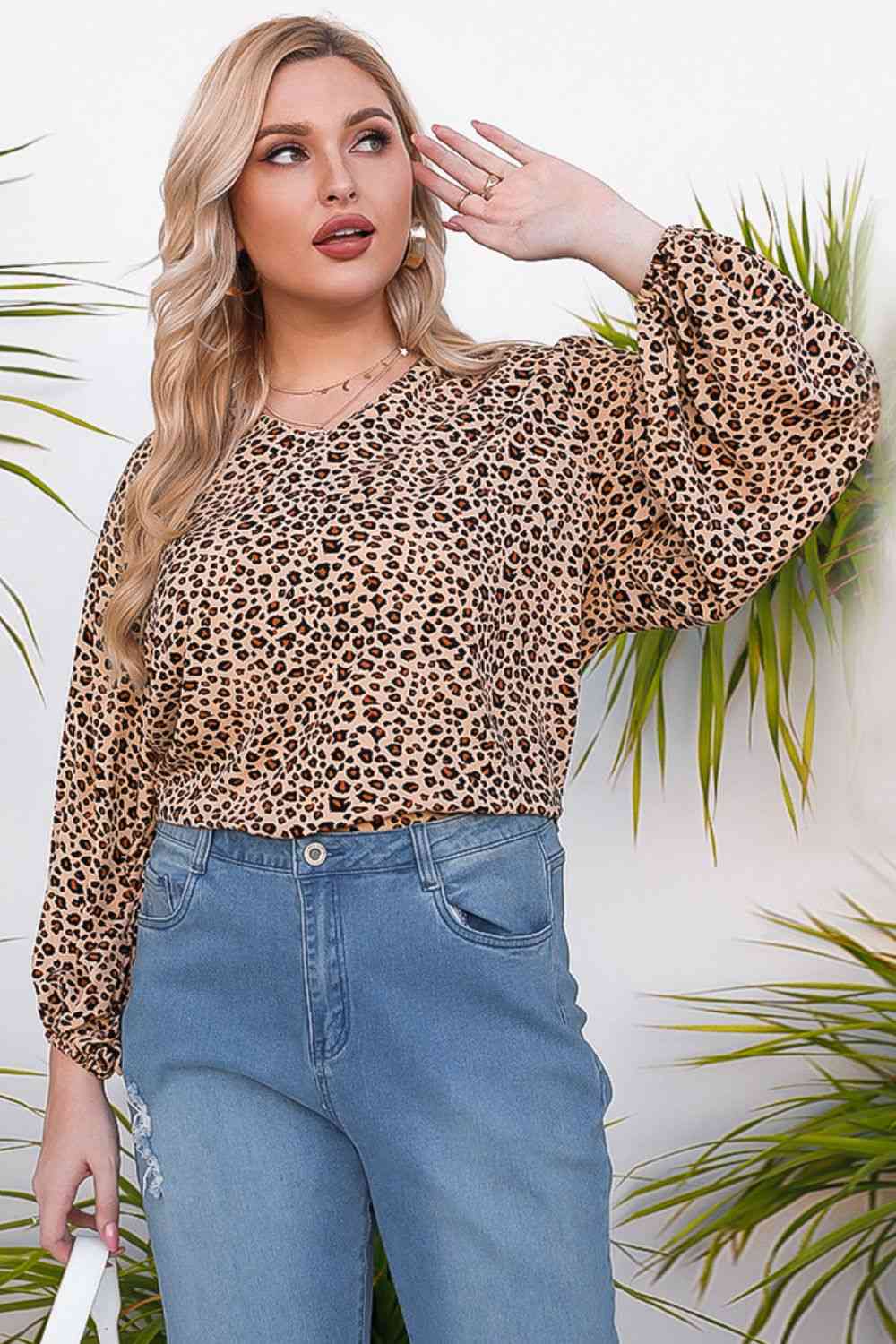 Plus Size Animal Print Balloon Sleeve V-Neck Blouse  Krazy Heart Designs Boutique   