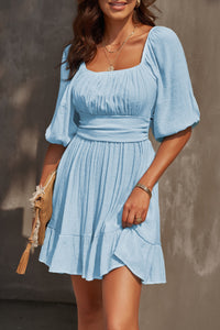 Tie-Back Ruffled Hem Square Neck Mini Dress (13 Colors)  Krazy Heart Designs Boutique Pastel  Blue S 