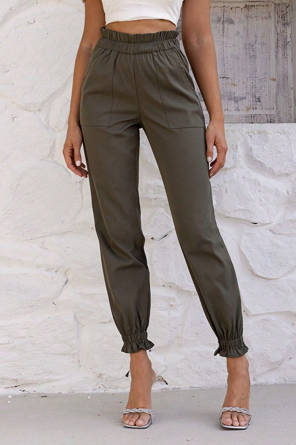 Paperbag Waist Pants with Pockets  Krazy Heart Designs Boutique Olive Brown XS 