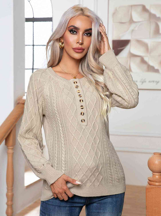 Cable-Knit Round Neck Buttoned Sweater (3 Colors)  Krazy Heart Designs Boutique Beige S 