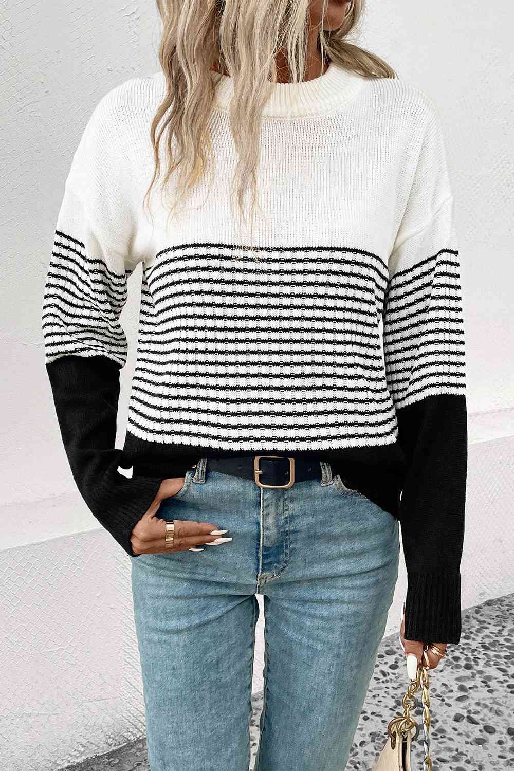 Striped Color Block Drop Shoulder Sweater Shirts & Tops Krazy Heart Designs Boutique White S 
