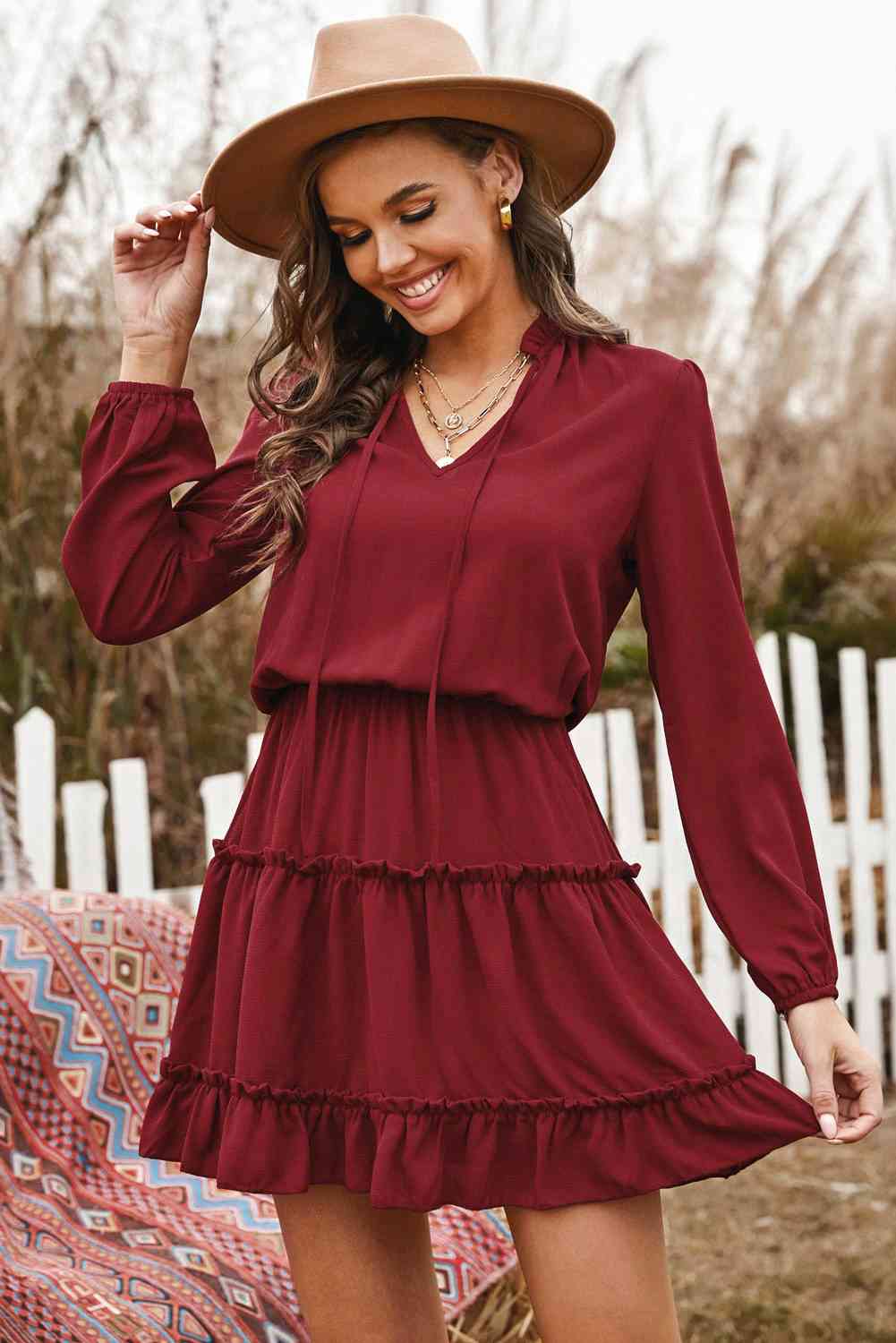 Tied Frill Trim Puff Sleeve Mini Dress  Krazy Heart Designs Boutique   