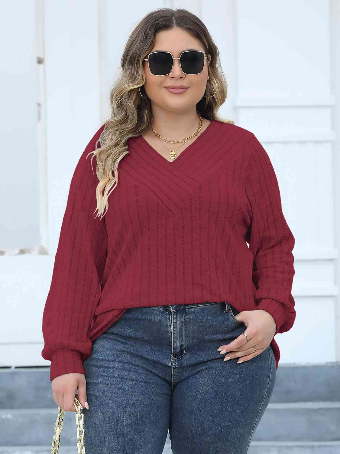 Plus Size Ribbed V-Neck Long Sleeve Top (4 Colors) Shirts & Tops Krazy Heart Designs Boutique Deep Red L 