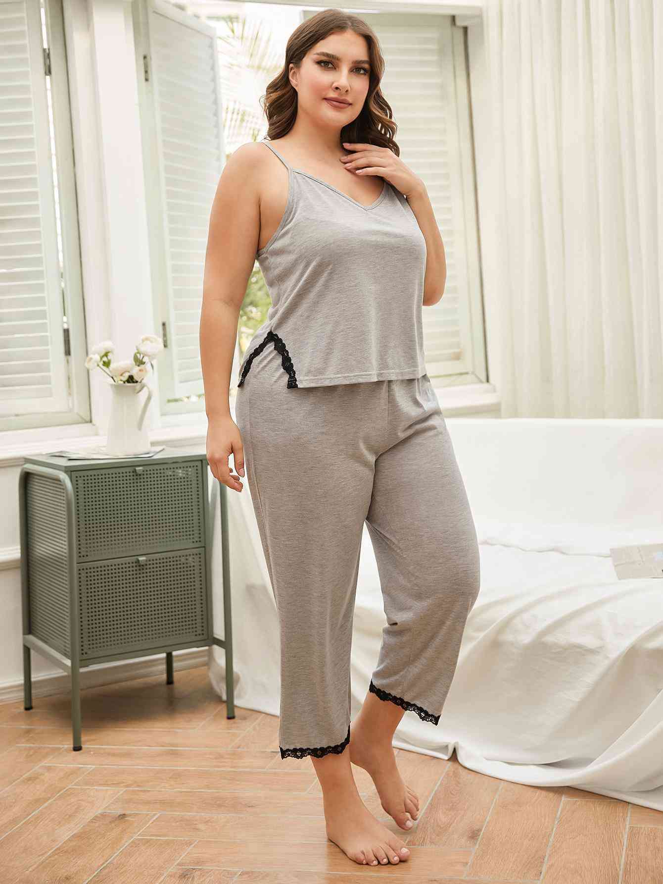 Plus Size Lace Trim Slit Cami and Pants Pajama Set (2 Colors) Loungewear Krazy Heart Designs Boutique   