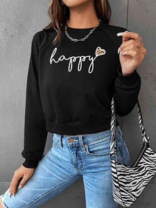 Raglan Sleeve HAPPY Leopard Print Heart Graphic Sweatshirt  Krazy Heart Designs Boutique Black S 
