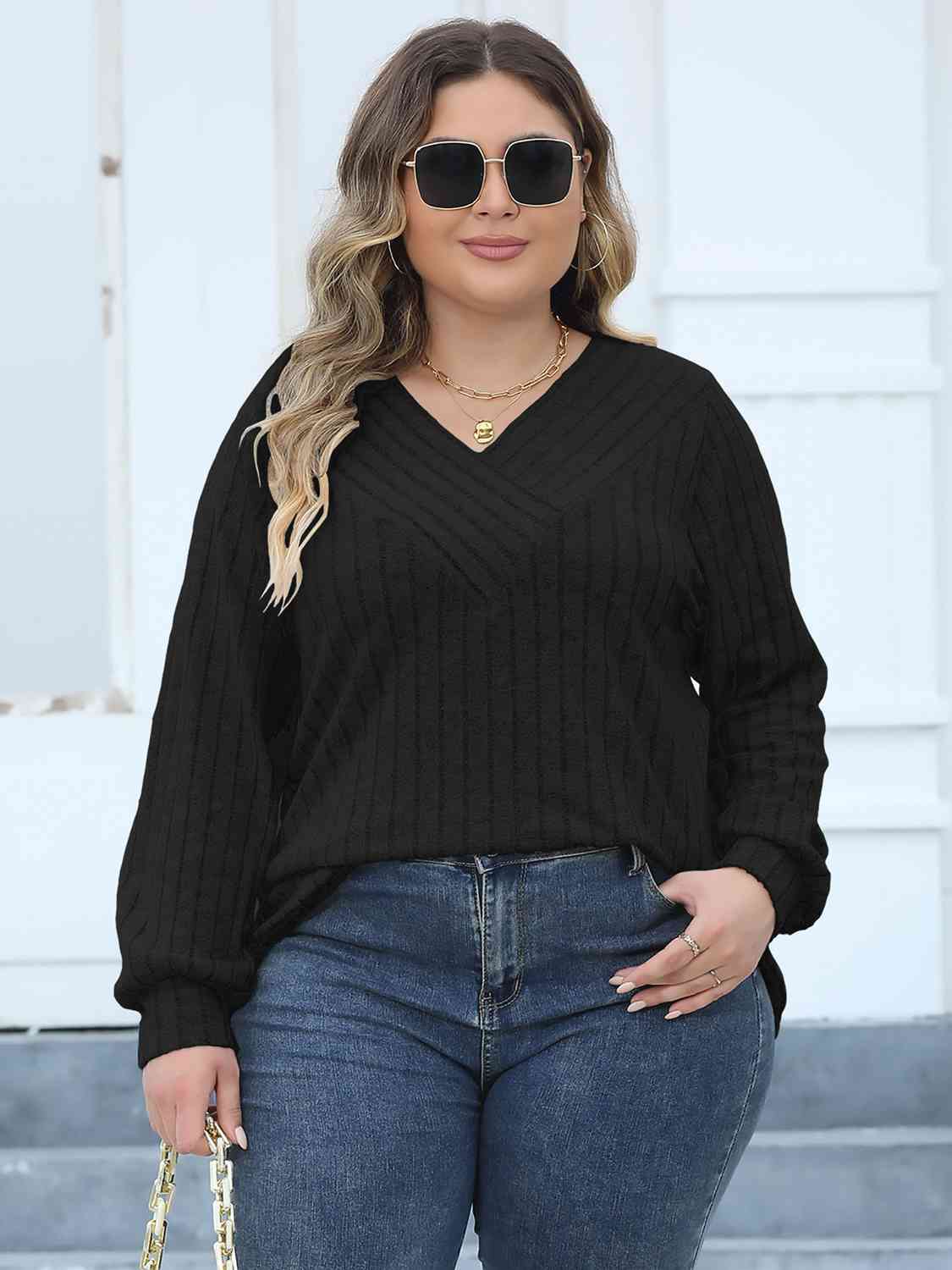 Plus Size Ribbed V-Neck Long Sleeve Top (4 Colors) Shirts & Tops Krazy Heart Designs Boutique Black L 