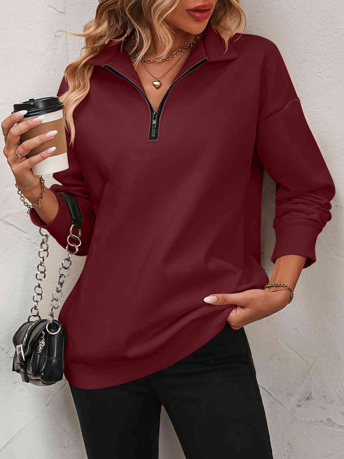 Zip-Up Dropped Shoulder Sweatshirt (7 Colors)  Krazy Heart Designs Boutique Wine S 