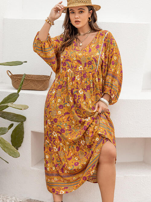 Plus Size Floral V-Neck Balloon Sleeve Midi Dress (5 Colors)  Krazy Heart Designs Boutique   