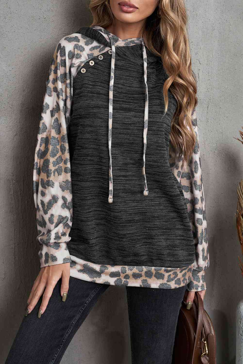 Leopard Print Color Block Raglan Sleeve Hoodie Shirts & Tops Krazy Heart Designs Boutique Leopard S 