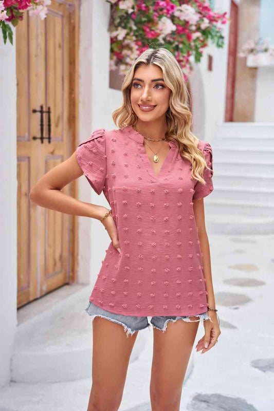 Swiss Dot Petal Sleeve Notched Top (6 Colors)  Krazy Heart Designs Boutique Rouge Pink S 