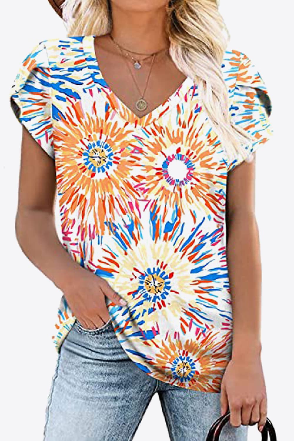 Printed Petal Sleeve V-Neck Blouse (12 Color Styles)  Krazy Heart Designs Boutique Mustard S 