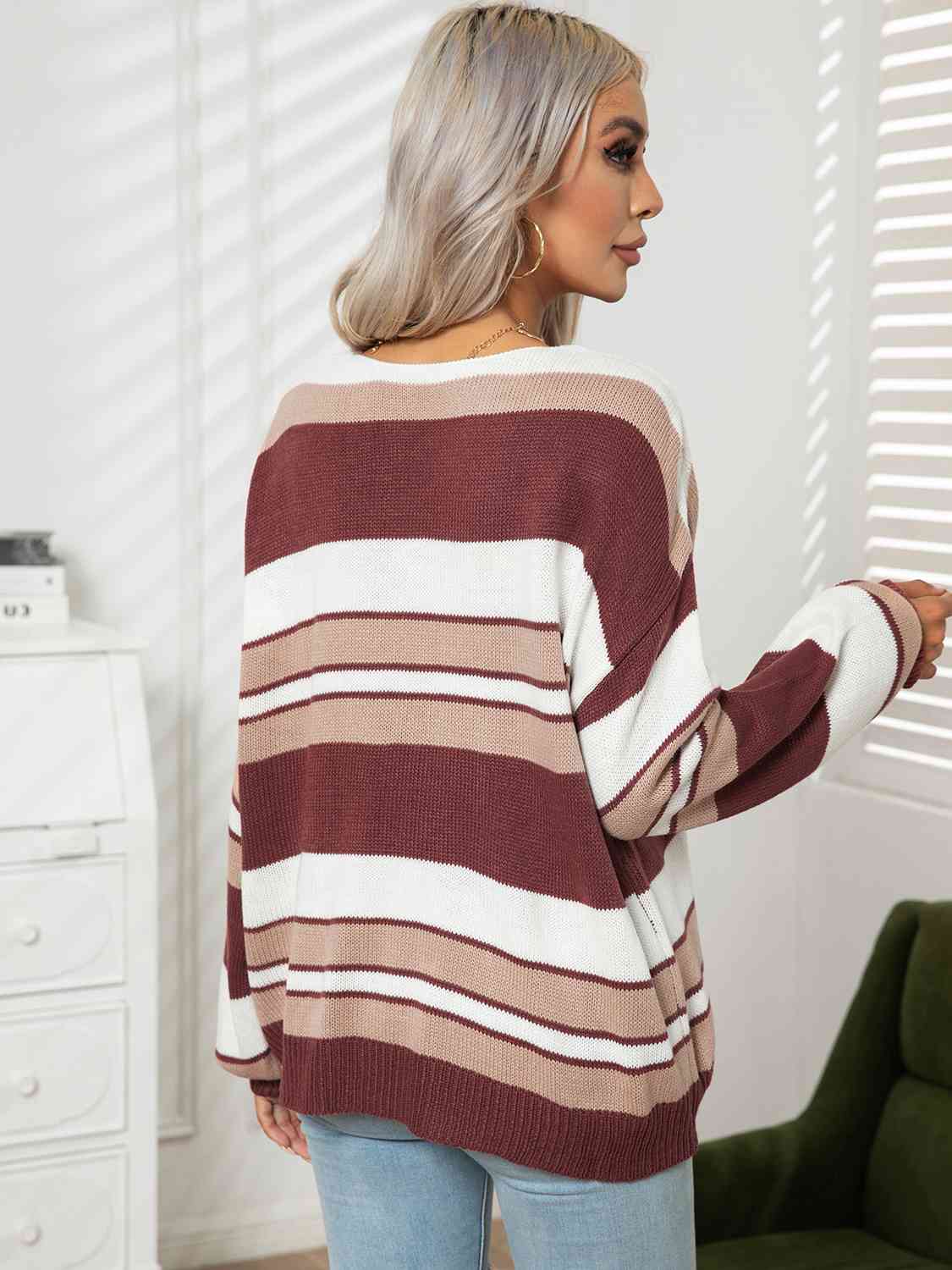 Striped V-Neck Long Sleeve Knit Top(3 Colors)  Krazy Heart Designs Boutique   