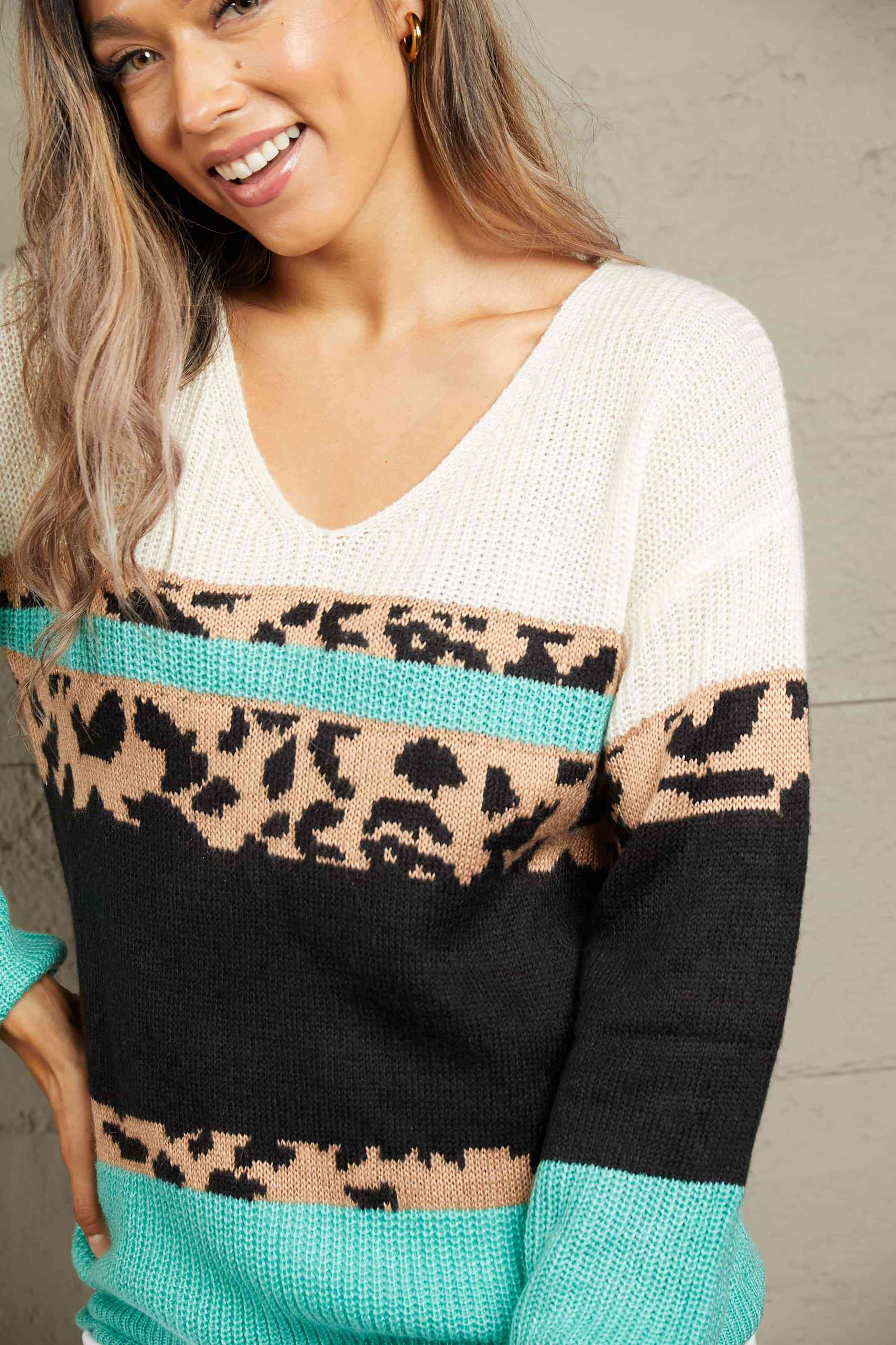 Woven Right Leopard Color Block V-Neck Rib-Knit Sweater Shirts & Tops Krazy Heart Designs Boutique   
