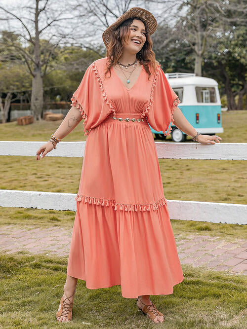 Plus Size Tassel Trim V-Neck Short Sleeve Ruffle Hem Dress (2 Colors) Dress Krazy Heart Designs Boutique   