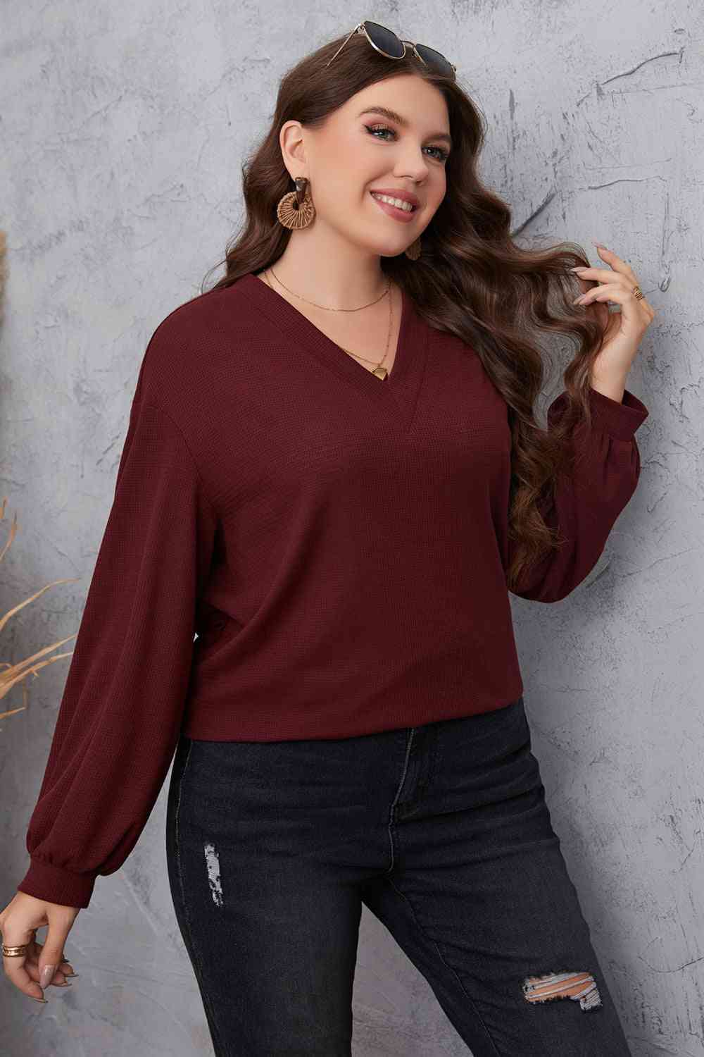 Melo Apparel Plus Size V-Neck Dropped Shoulder Blouse Shirts & Tops Krazy Heart Designs Boutique   