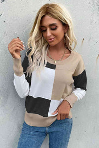 Color Block Ribbed Trim Round Neck Knit Pullover (7 Colors) Shirts & Tops Krazy Heart Designs Boutique Black/Tan/White M 