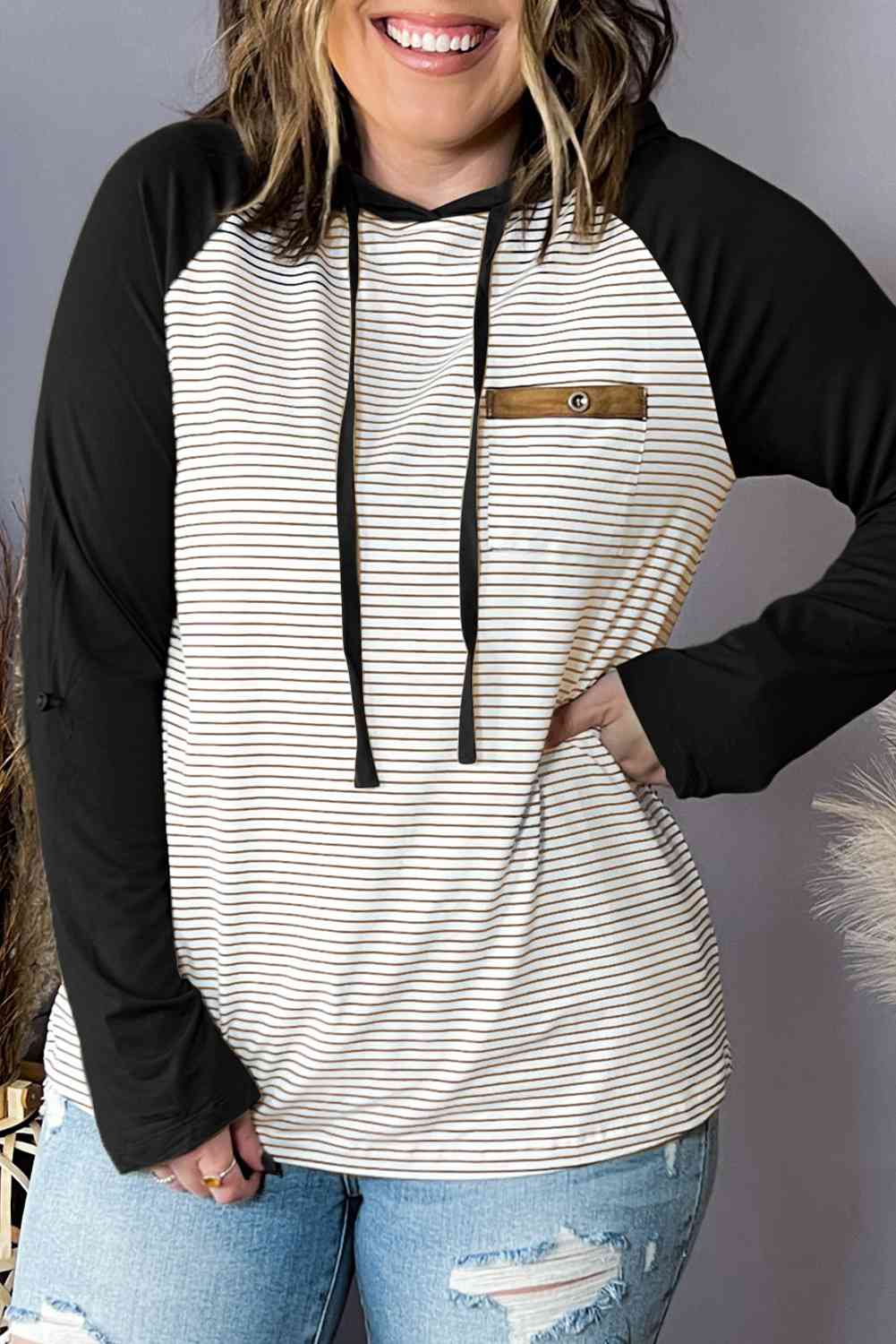Plus Size Striped Drawstring Long Sleeve Hoodie Shirts & Tops Krazy Heart Designs Boutique   