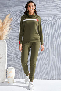 Mock Neck Long Sleeve Top and Side Stripe Pants Set Outfit Sets Krazy Heart Designs Boutique Army Green S 