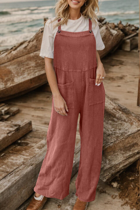 Full Size Wide Leg Front Pocket Jumpsuit (4 Colors)  Krazy Heart Designs Boutique Brick Red S 