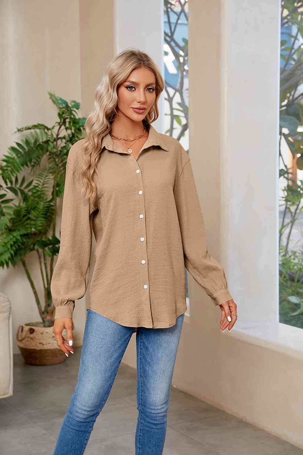 Collared Neck Buttoned Long Sleeve Shirt (4 Colors) Shirts & Tops Krazy Heart Designs Boutique   