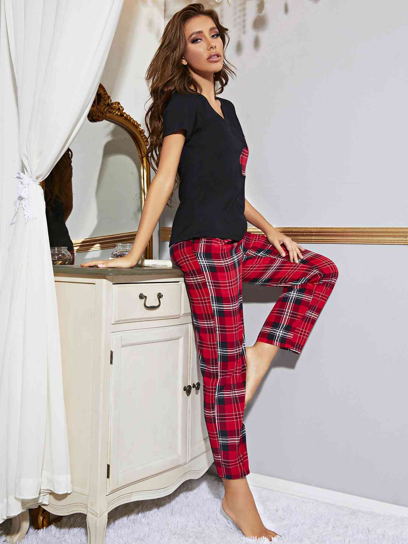 Heart Graphic V-Neck Top and Plaid Pants Lounge Set Loungewear Krazy Heart Designs Boutique Black/Red S 