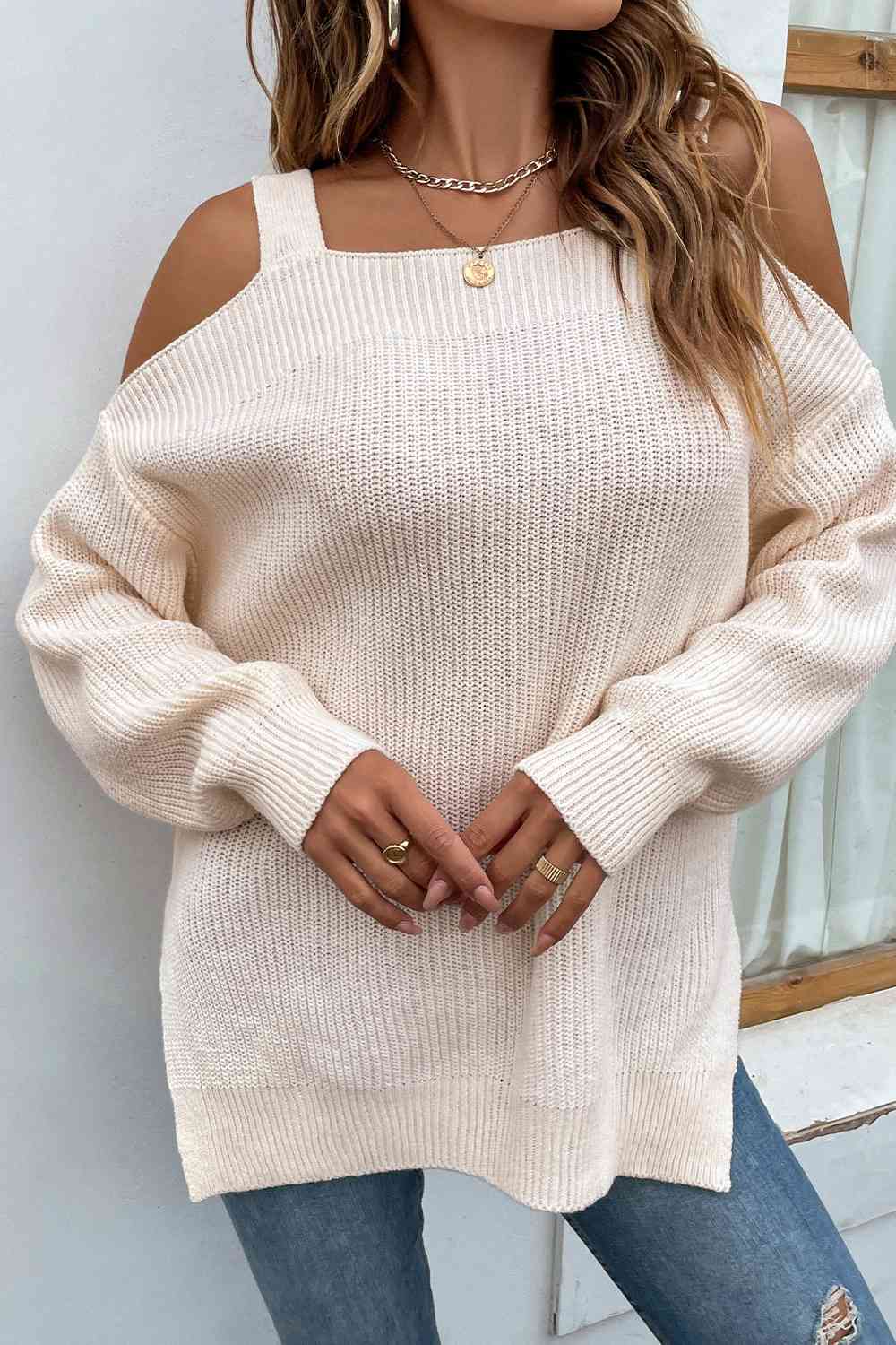 Ribbed Cold Shoulder Long Sleeve Knit Top (4 Colors) Shirts & Tops Krazy Heart Designs Boutique Ivory S 