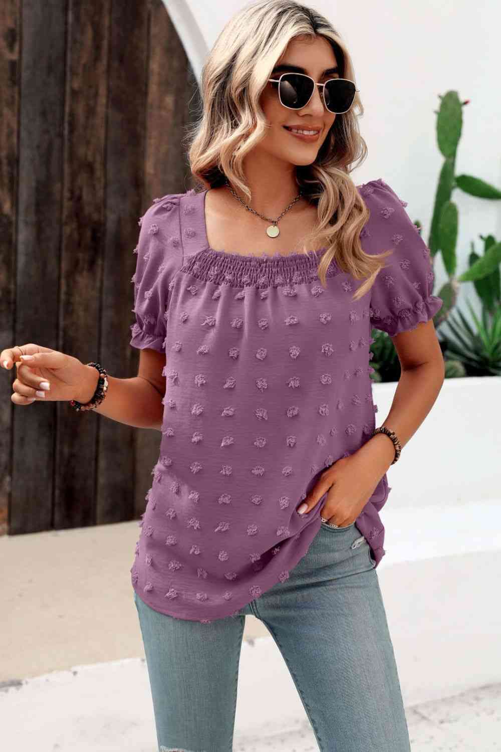 Swiss Dot Puff Sleeve Square Neck Blouse (6 Colors)  Krazy Heart Designs Boutique Lilac S 