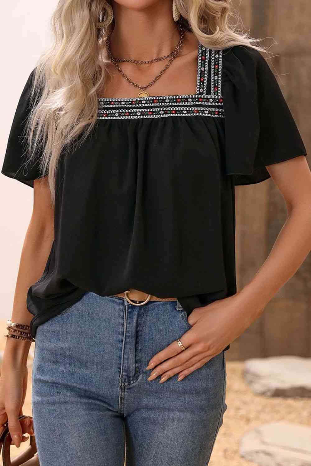 Contrast Square Neck Puff Sleeve Blouse Shirts & Tops Krazy Heart Designs Boutique   