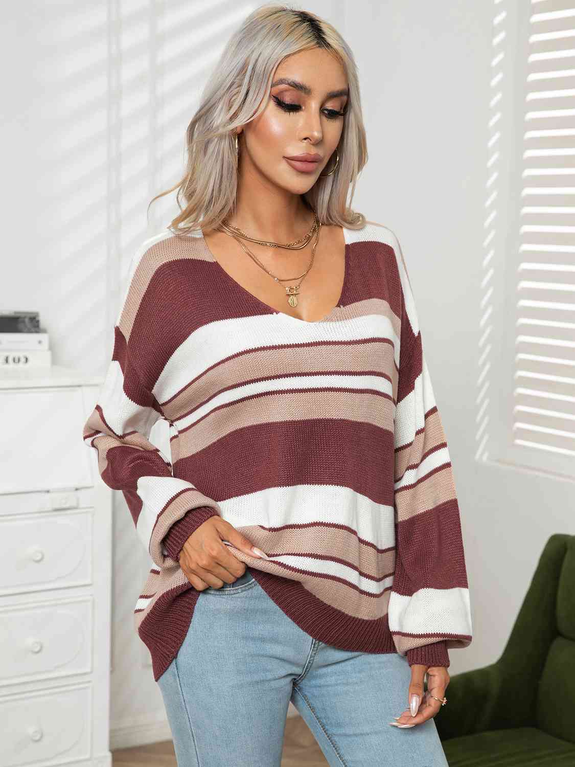 Striped V-Neck Long Sleeve Knit Top(3 Colors)  Krazy Heart Designs Boutique   