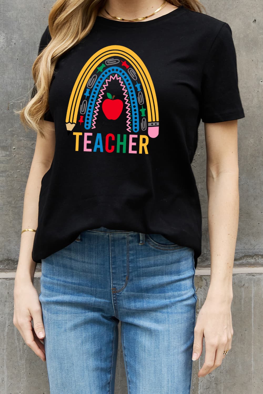 Simply Love Full Size TEACHER Rainbow Graphic Cotton Tee (2 Colors)  Krazy Heart Designs Boutique   