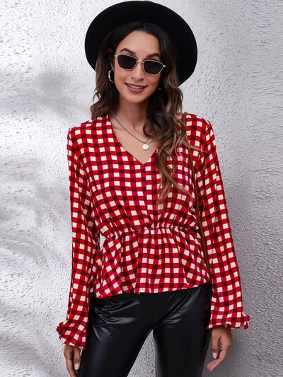 Plaid V-Neck Balloon Sleeve Peplum Blouse Shirts & Tops Krazy Heart Designs Boutique Deep Red S 