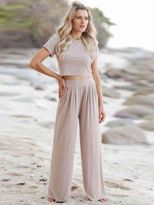 Short Sleeve T-Shirt and Wide Leg Pants Set Outfit Sets Krazy Heart Designs Boutique Dust Storm S 
