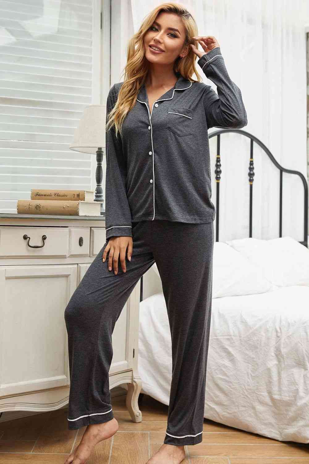 Contrast Piping Button Down Top and Pants Loungewear Set (2 Colors) Loungewear Krazy Heart Designs Boutique   