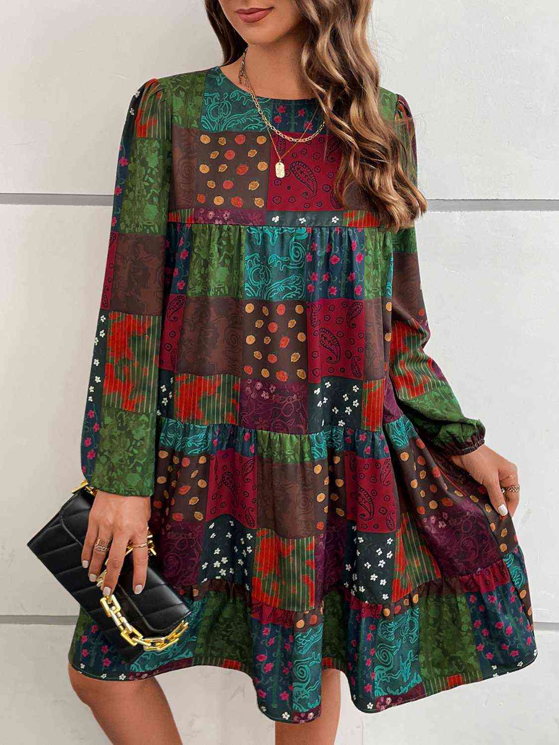 Patchwork Round Neck Long Sleeve Dress  Krazy Heart Designs Boutique Multicolor S 