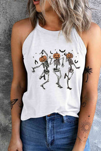 Round Neck Dancing Pumpkin Head Skeleton Graphic Tank  Krazy Heart Designs Boutique White S 
