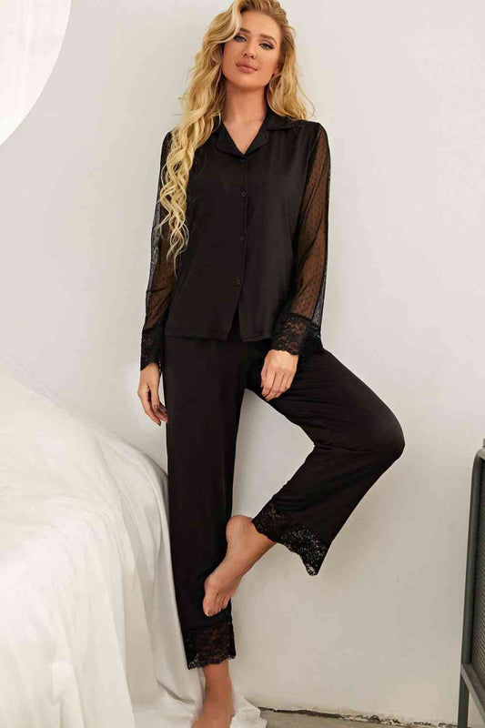 Spliced Lace Lapel Collar Pajama Set (2 Colors) Loungewear Krazy Heart Designs Boutique Black S 