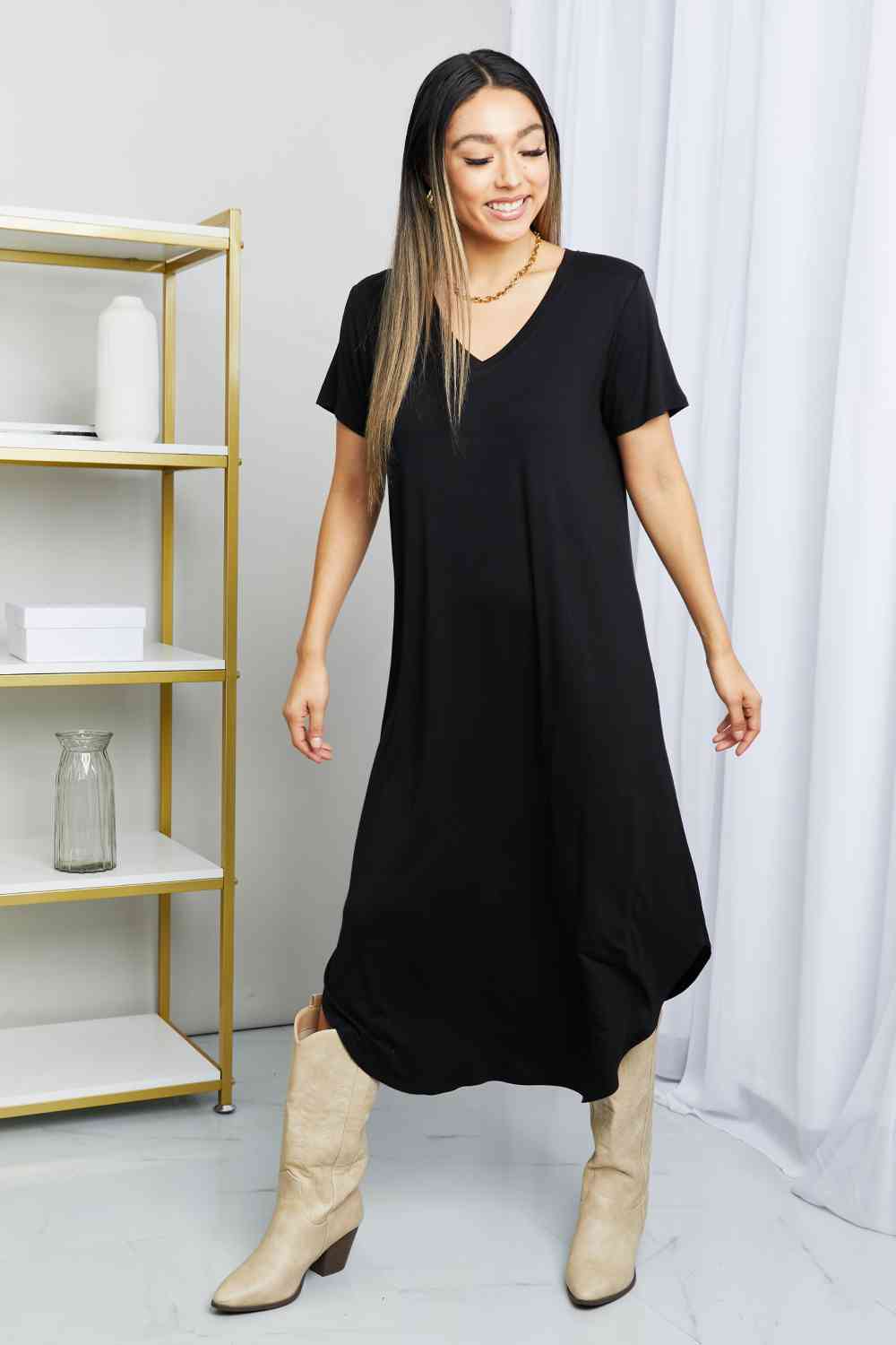 HYFVE V-Neck Short Sleeve Curved Hem Dress in Black  Krazy Heart Designs Boutique Black S 