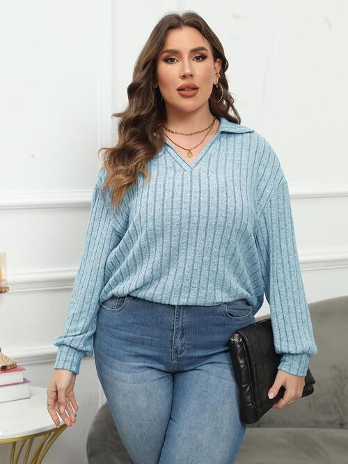 Plus Size Ribbed Collared Neck Long Sleeve Blouse (4 Colors) Shirts & Tops Krazy Heart Designs Boutique Pastel  Blue L 