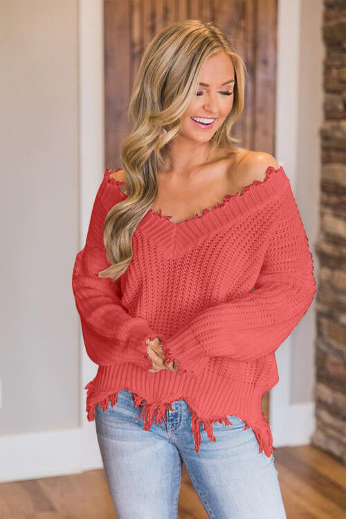 Frayed Hem Dropped Shoulder Sweater (10 Colors) Shirts & Tops Krazy Heart Designs Boutique Coral S 