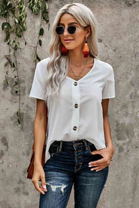 Buttoned V-Neck Short Sleeve Top (6 Colors) Shirts & Tops Krazy Heart Designs Boutique White S 