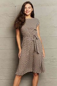All Over Print Round Neck Tie Waist Dress (2 Colors)  Krazy Heart Designs Boutique Camel S 