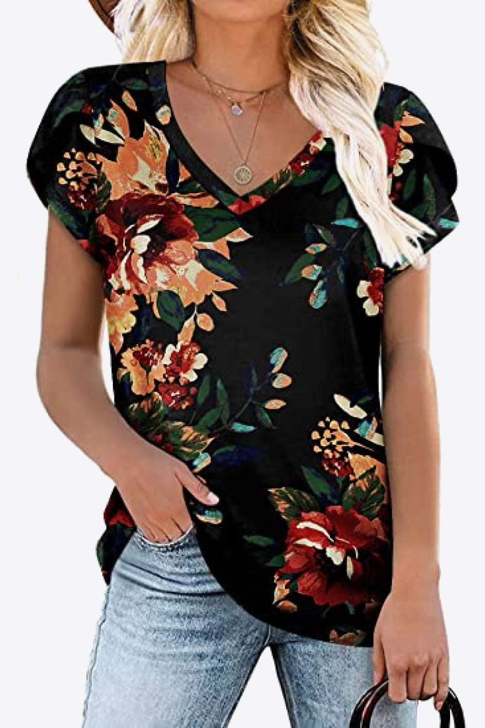 Printed Petal Sleeve V-Neck Blouse (12 Color Styles)  Krazy Heart Designs Boutique Wine Floral S 