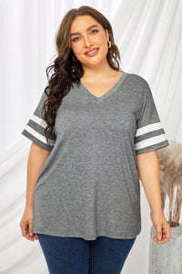 Plus Size Striped V-Neck Tee Shirt (10 Colors)  Krazy Heart Designs Boutique Mid Gray 1X 