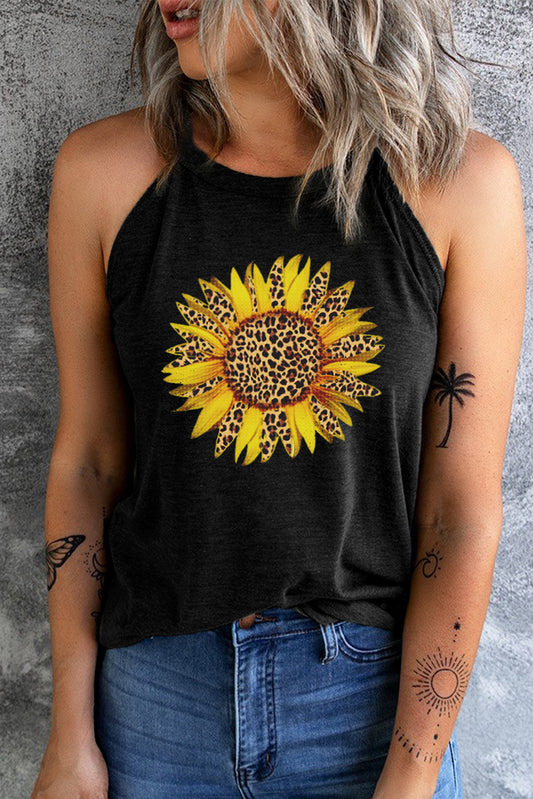 Sunflower Graphic Round Neck Tank  Krazy Heart Designs Boutique Black S 