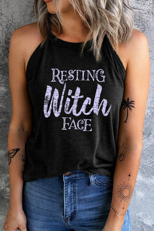 Round Neck RESTING WITCH FACE Graphic Tank Top  Krazy Heart Designs Boutique Black S 