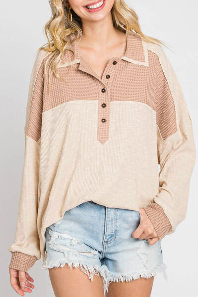 Color Block Half Button Up Blouse Shirts & Tops Krazy Heart Designs Boutique Ivory S 