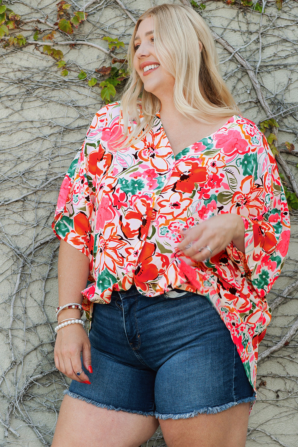 Plus Size Floral V-Neck Half Sleeve Shirt  Krazy Heart Designs Boutique   