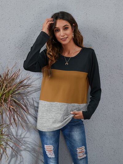 Color Block Round Neck Long Sleeve Top (6 Colors) Shirts & Tops Krazy Heart Designs Boutique Taupe S 