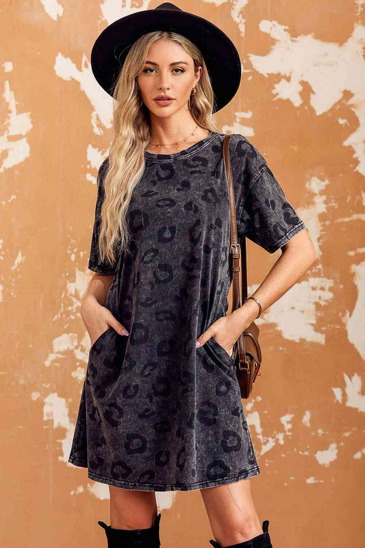 Leopard Print  Round Neck Dropped Shoulder Dress with Pockets  Krazy Heart Designs Boutique Charcoal S 